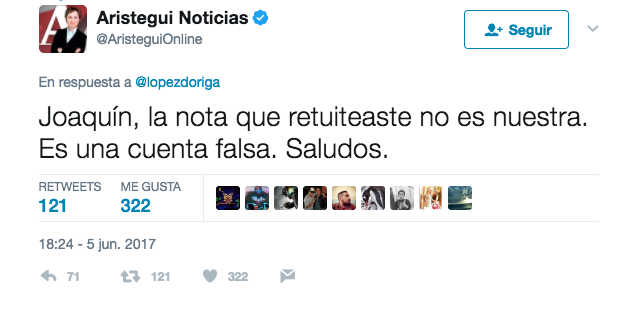 Aristegui tuvo que aclarar que esa no era su cuenta