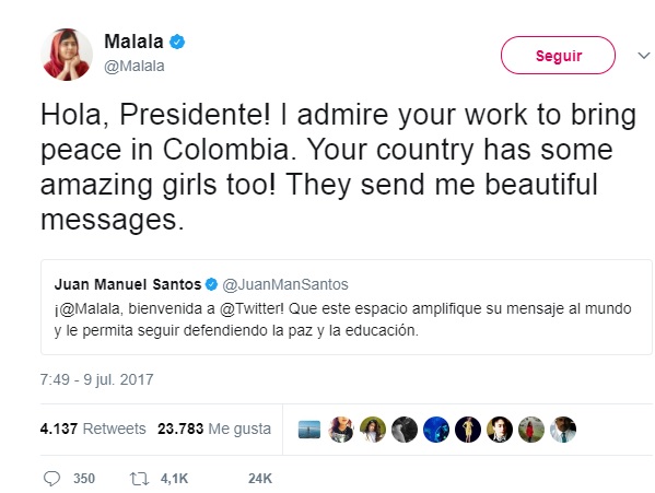 El presidente de Colombia saludó a Malala por Twitter