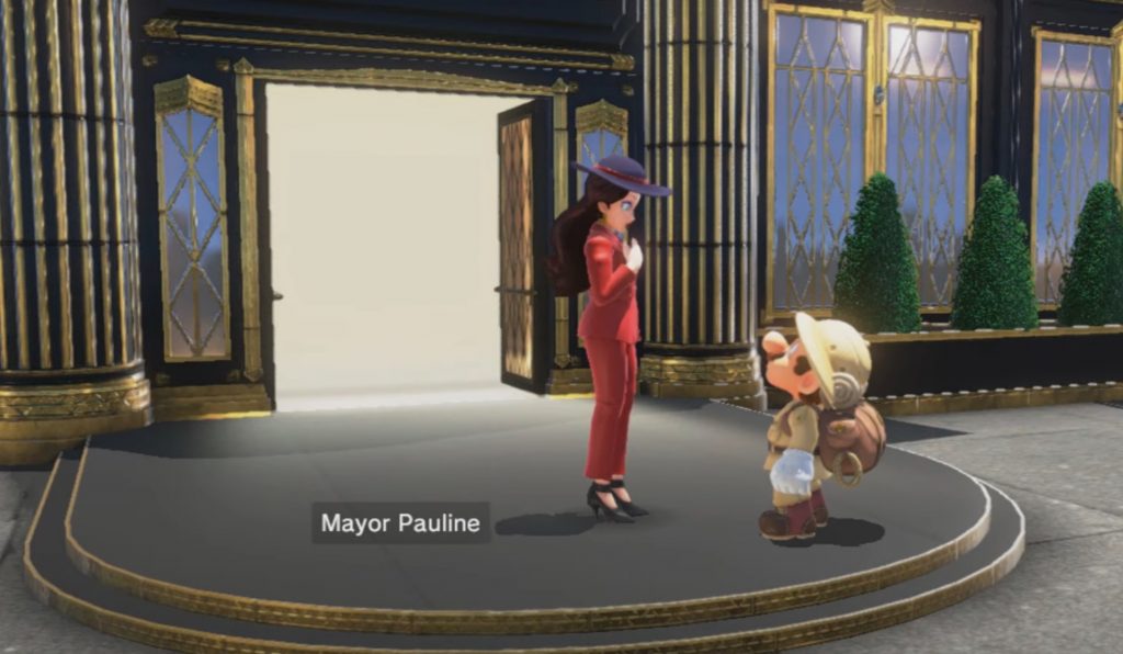 La alcaldesa Pauline y Mario en Super Mario Odyssey