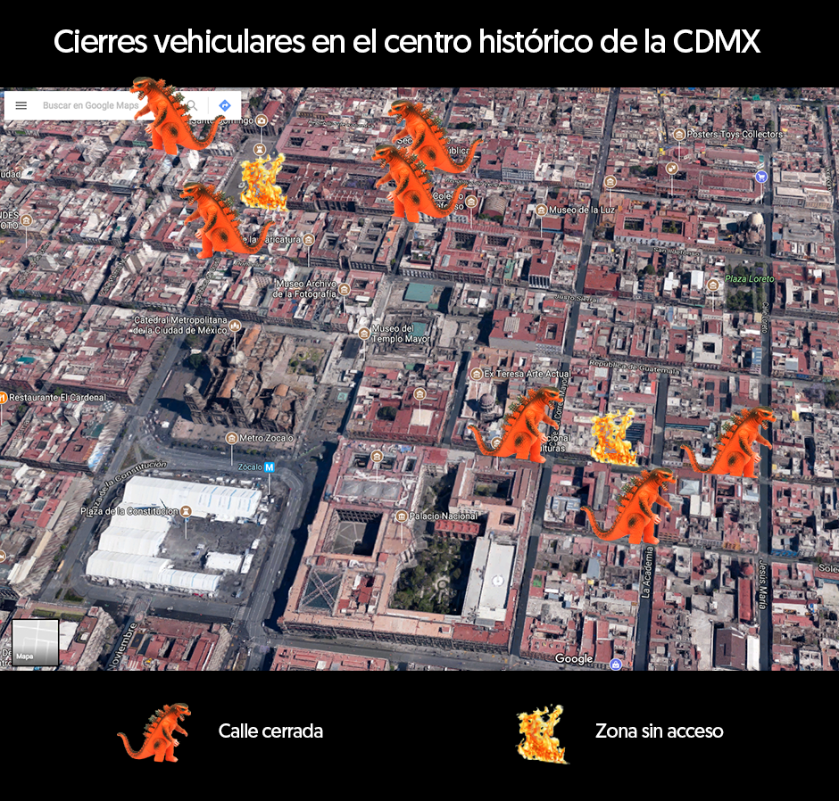 cierres viales en el centro histórico por Godzilla