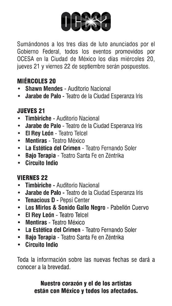 conciertos pospuestos, eventos cancelados, espectáculos, sismo