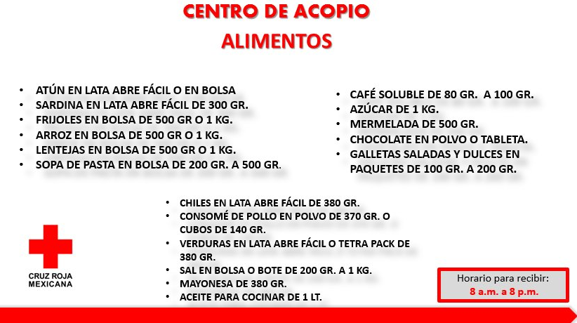 Lista de víveres que recolecta la Cruz Roja