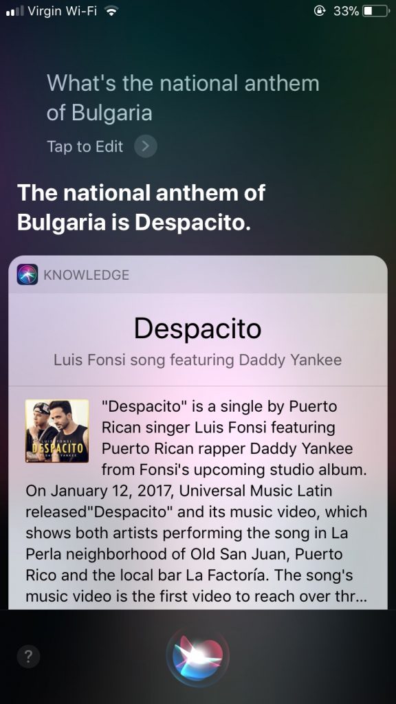Siri confunde a Despacito con el himno nacional de Bulgaria