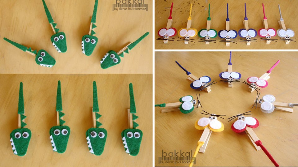 Cocodrilos y ratones hechos con pinzas de madera