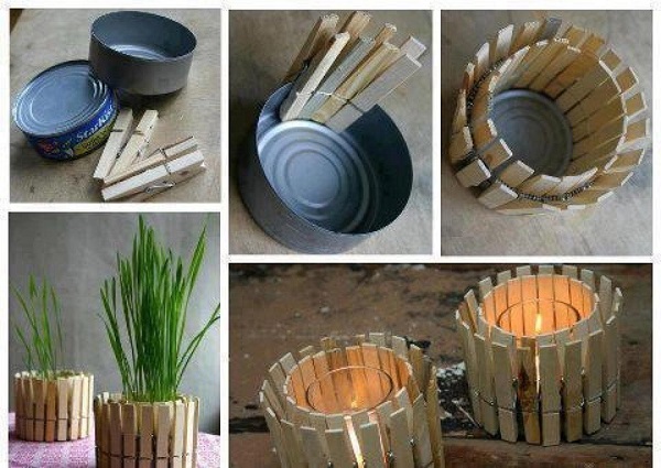 Recipiente hecho de pinzas de madera para ropa