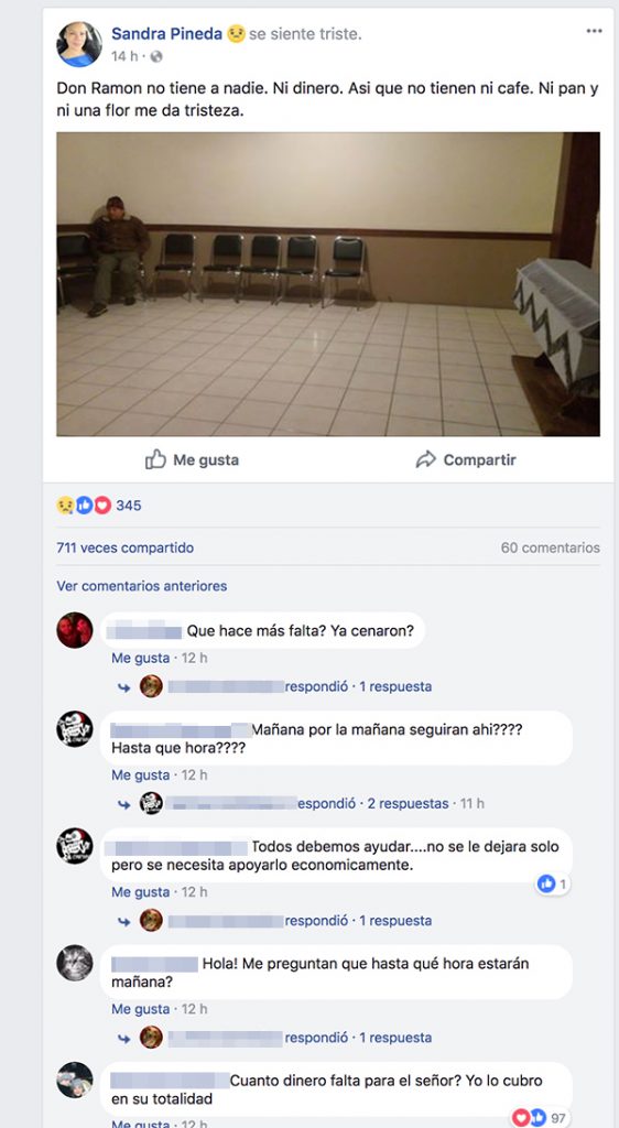 Publicación de Sandra Pineda para apoyar a don Ramón