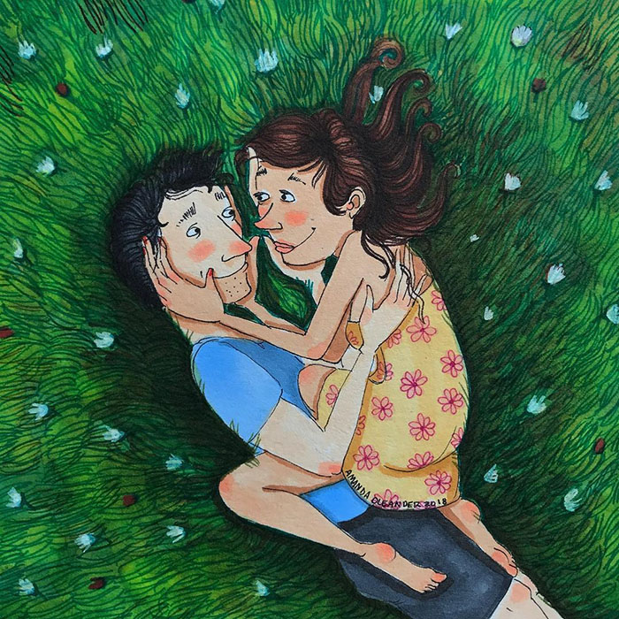 Ilustraciones-dibujos-relaciones-largas-parejas-reconoceran-tiernos-abrazarse-pasto