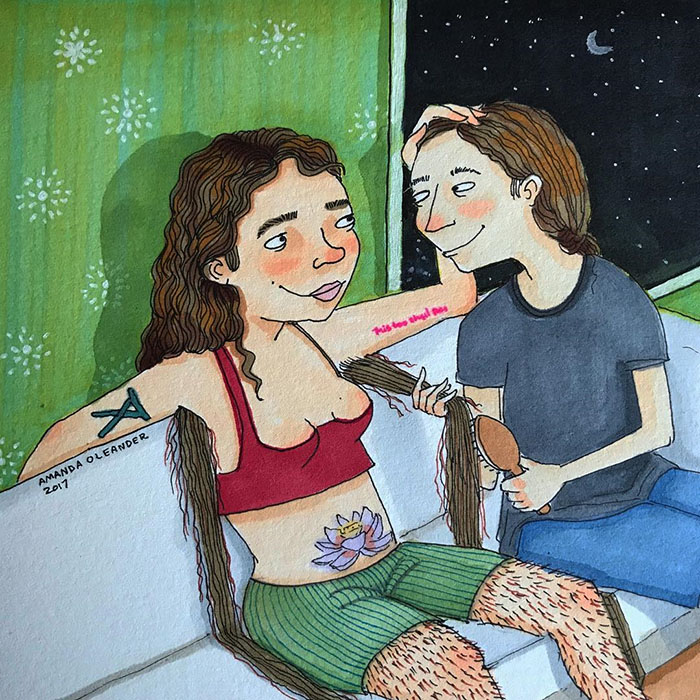 Ilustraciones-dibujos-relaciones-largas-parejas-reconoceran-tiernos-peinar-pelo