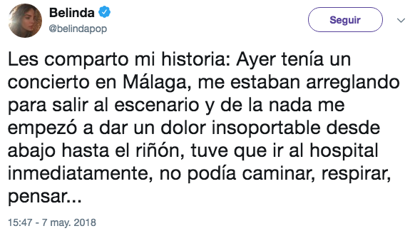 Belinda fue operada de los rinones