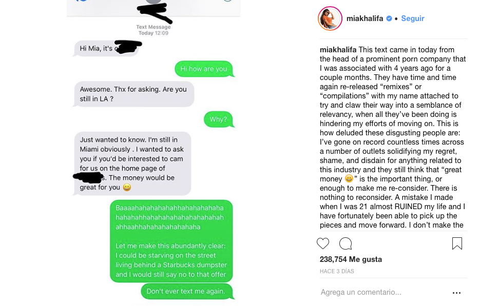 Mia Khalifa prefiere morir de hambre que regresar al porno