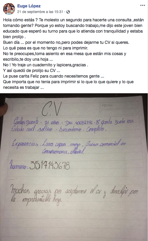 Escribió su CV a mano porque no tenía ni para imprimir