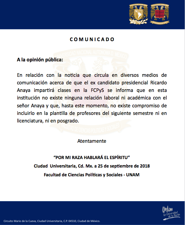 RICARDO ANAYA NO DARÁ CLASES EN LA UNAM