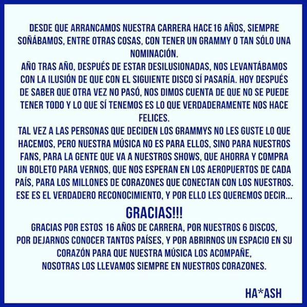 Haash lamentaron no ser nominadas a un grammy latino