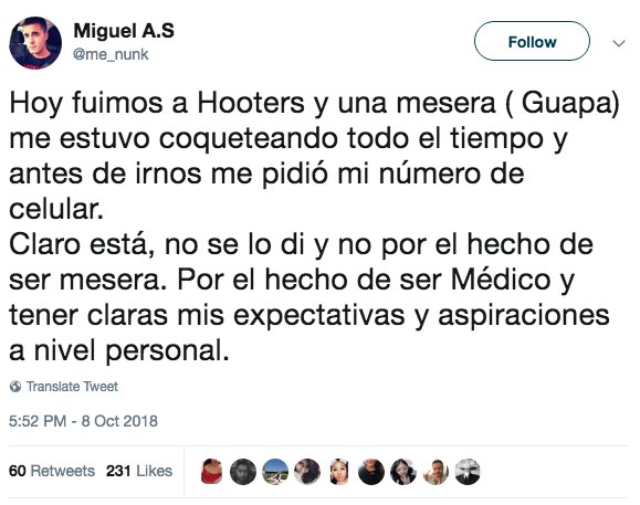 Médico rechaza mesera porque no está a nivel del Paracetamol