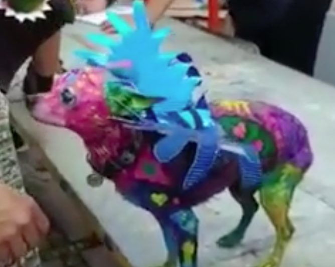 Mujer pinta a su perro como alebrije