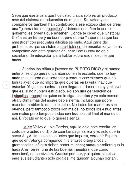 Bad Bunny responde a profesora que le reclamó