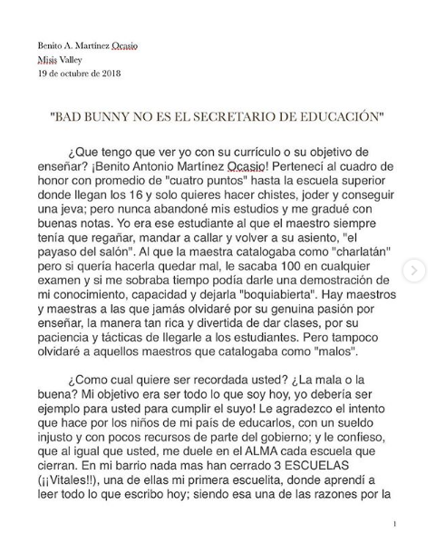 Bad Bunny responde a profesora que lo criticó