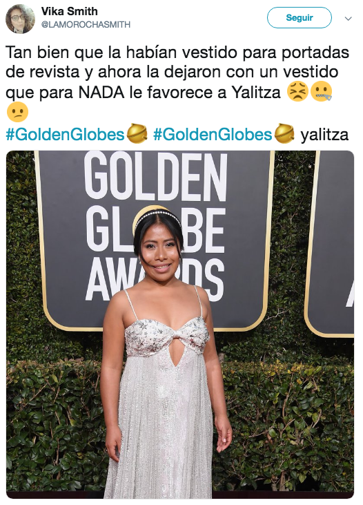 Critican vestido de Yalitza Aparicio en los Golden Globes