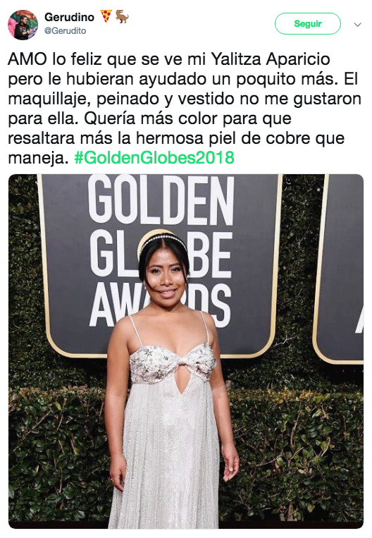Critican vestido de Yalitza Aparicio en los Golden Globes
