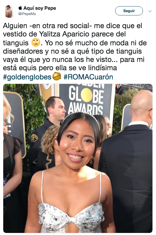 Critican vestido de Yalitza Aparicio en los Golden Globes