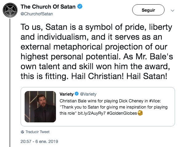 Christian Bale dedica Globo de Oro a Satanás