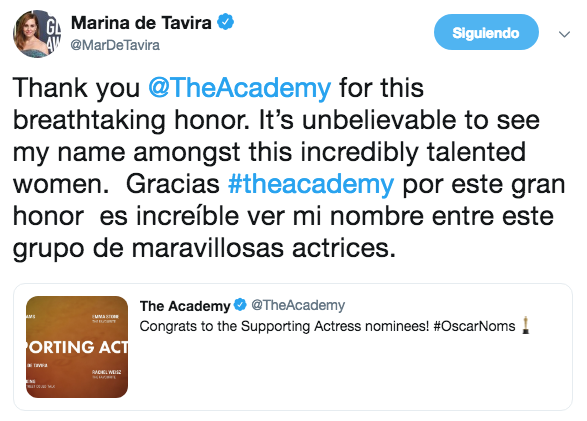 Marina de Tavira celebra nominación en el Oscar