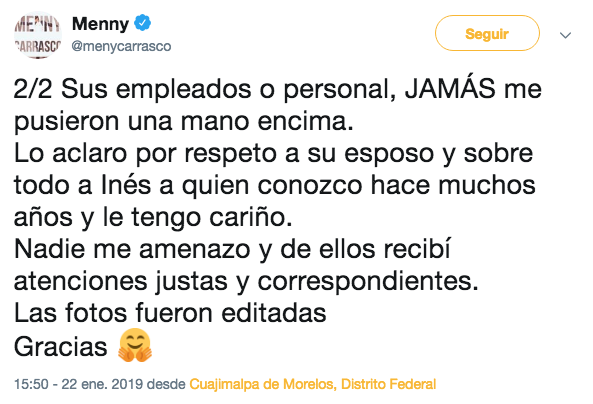 Menny Carrasco desmiente pleito con esposo de Inés Gómez Mont