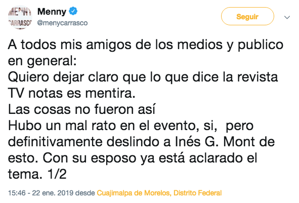 Menny Carrasco desmiente pleito con el esposo de Inés Gómez Mont