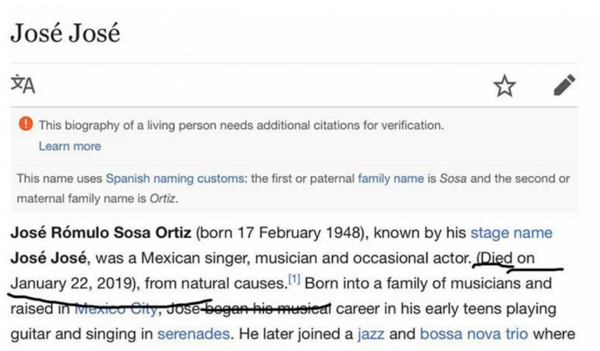 Wikipedia da por muerto a José José