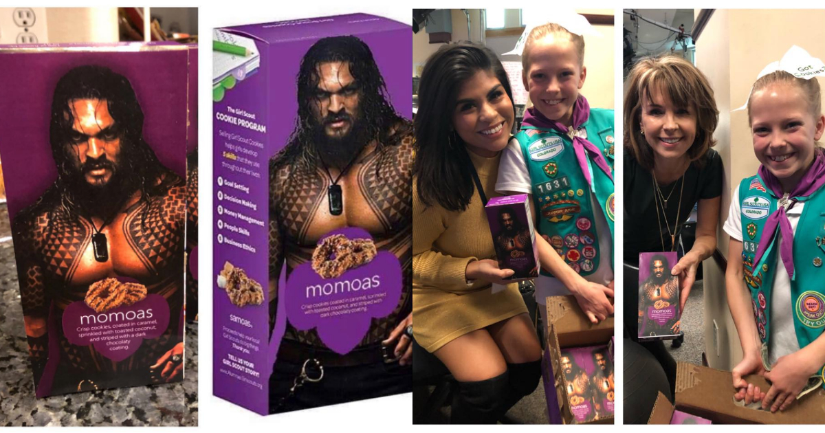Niña Scout Vende Galletas De Jason Momoa, Jason Momoa, Galletas, Niñas Scouts, Boy Scouts, Caja