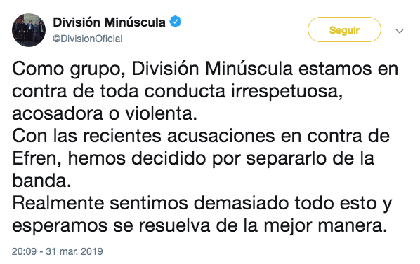 División Minúscula despide a guitarrista Efrén Barón por acusaciones de acoso