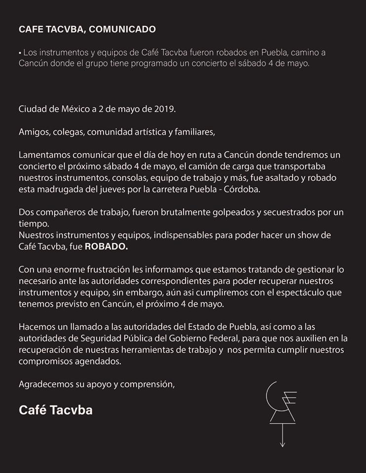 Roban y secuestran a integrantes de cafe tacuba