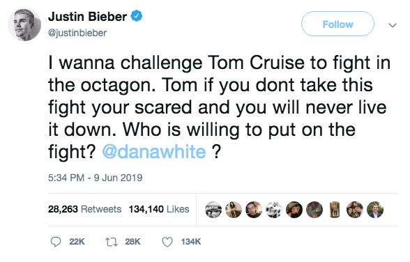 Justin Bieber desafía a Tom Cruise a pelear con él