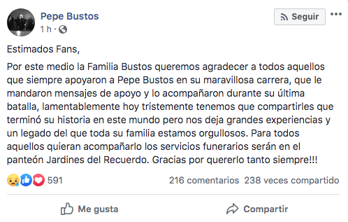 Muere Pepe Bustos ex integrante de La Sonora Santanera