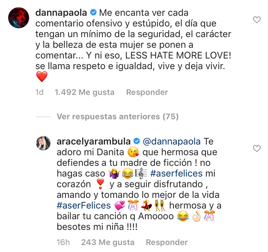 Danna Paola defiende Aracely Arámbula de críticas Instagram