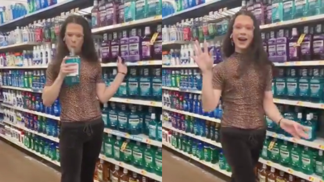 Mujer Escupe Botella Enjuague Bucal, Enjuague Bucal, Escupe, Supermercado, Mujer Escupe Botella Listerine En Walmart, Gente Chupa Alimentos En Supermercado
