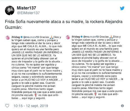 12/10/2019, Aborto Frida Sofia Llama Golfa a Alejandra Guzmán, Screenshot Instagram de Frida Sofía