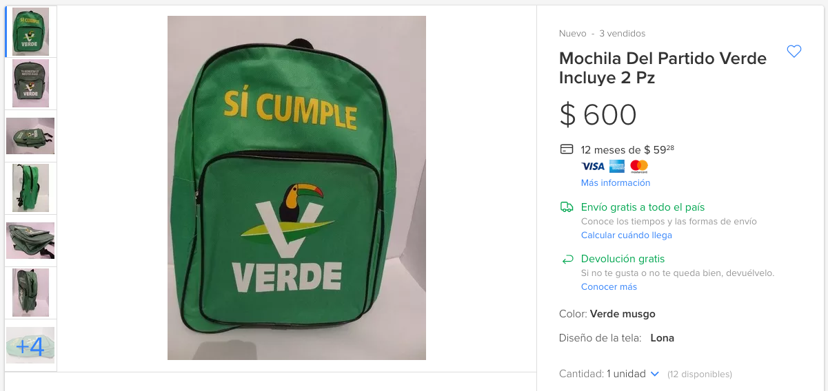 Venden mochilas del Partido Verde en mil pesos en Internet