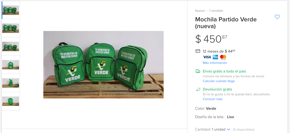 Venden mochilas del Partido Verde en mil pesos en Internet