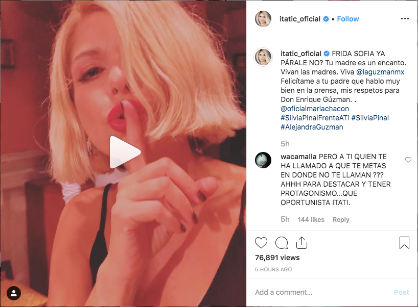 25/09/2019, Itati-cantoral-burla-frida-sofia, Screenshot Instagram Itati Cantoral
