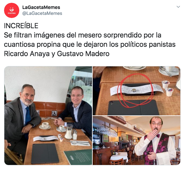Hacen memes a Ricardo Anaya y Gustavo Madero por dejar mísera propina en un restaurante