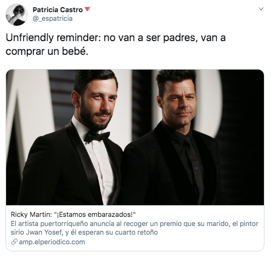 Critican a Ricky Martin y su esposo por decir que están "embarazados"