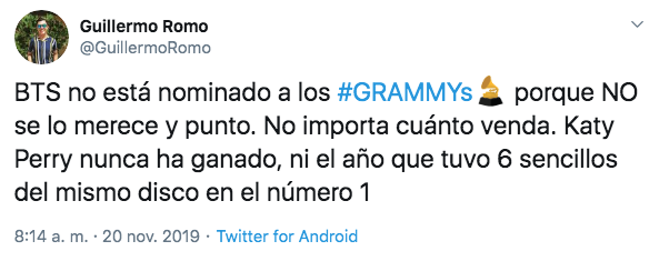 BTS no fue nominado a los Grammy 2020 y el ARMY reacciona