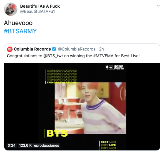 ARMY BTS recibe premio de "Mejores fans" en MTV EMA's