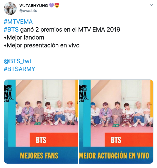 ARMY BTS recibe premio de "Mejores fans" en MTV EMA's
