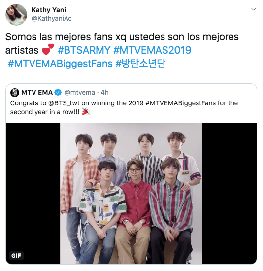 ARMY BTS recibe premio de "Mejores fans" en MTV EMA's
