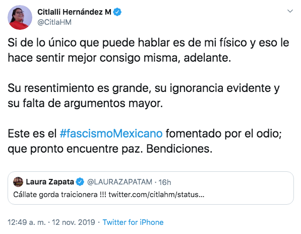 Laura Zapata llama "gorda traicionera" a la senadora Citlali Hernández