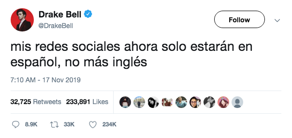 Drake Bell solo usarÃ¡ espaÃ±ol en sus redes sociales