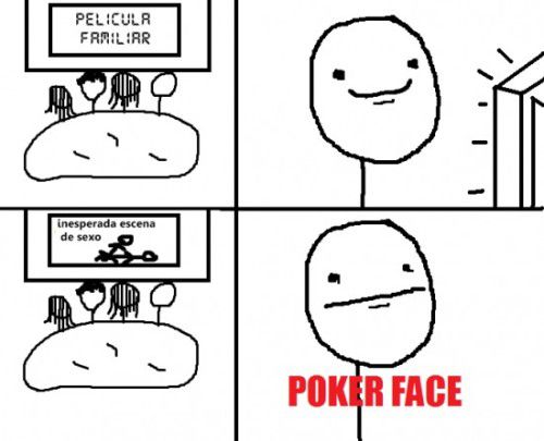 Meme Poker Face en momento incómodo con los papas viendo una película