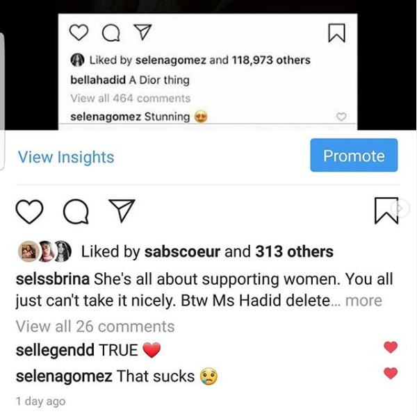 Selena Gomez comenta foto de Bella Hadid y ella borra la publicación